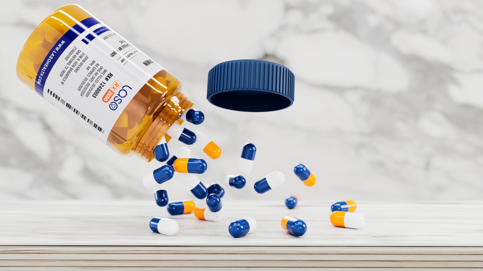 CGI render of a Laso prescription bottle tipped over with capsules spilling across a marble surface